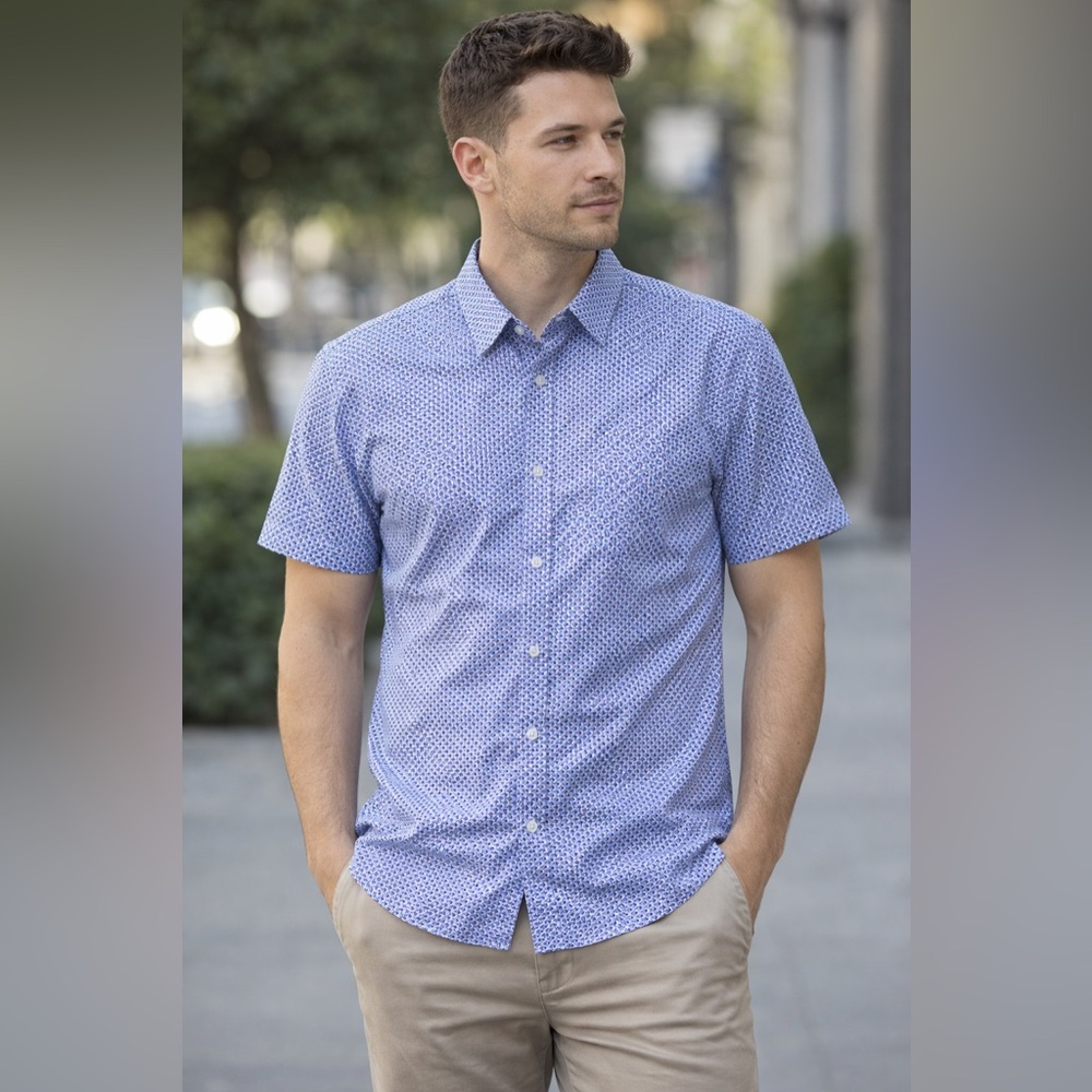 Ben Sherman Originals Men’s Short‎ Sleeve Button Up Shirt Blue Micro Print Large